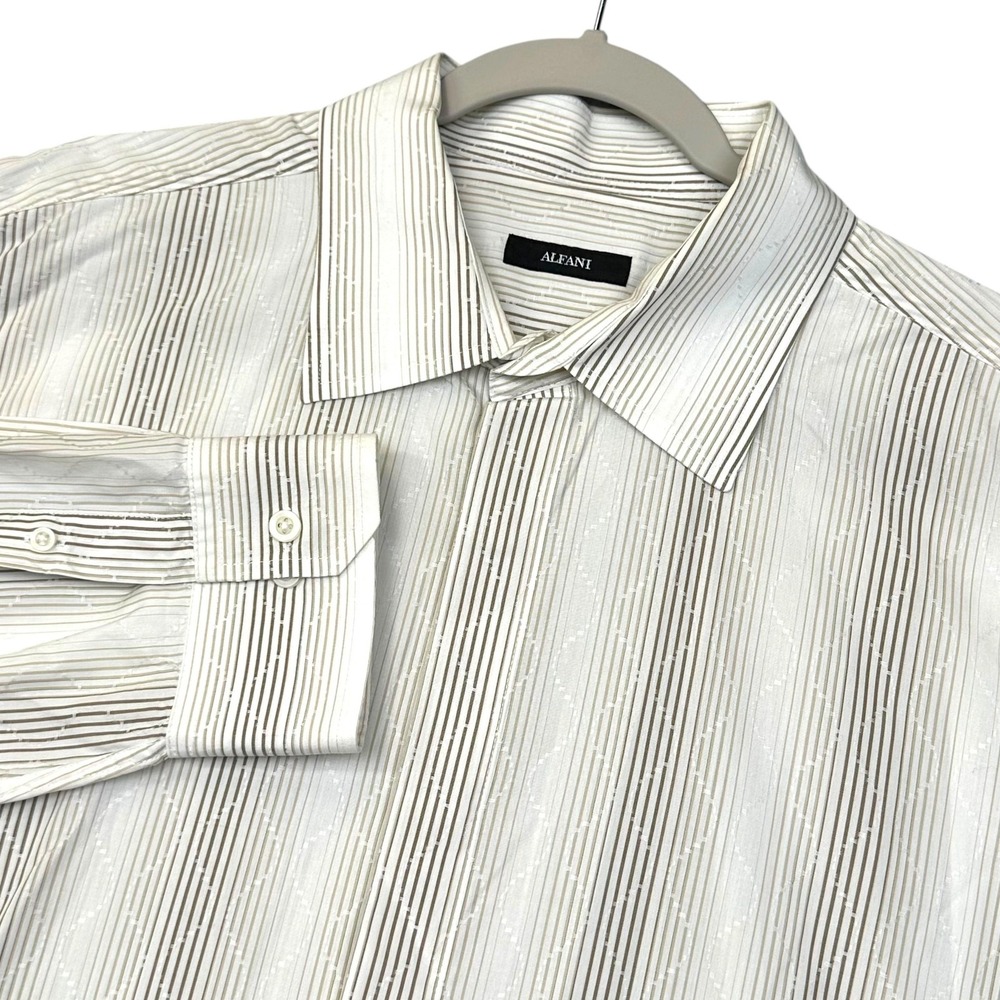 Alfani Shirt Mens 2XL White Tan‎ Striped Jacquard Button Up Long Sleeve Dress
